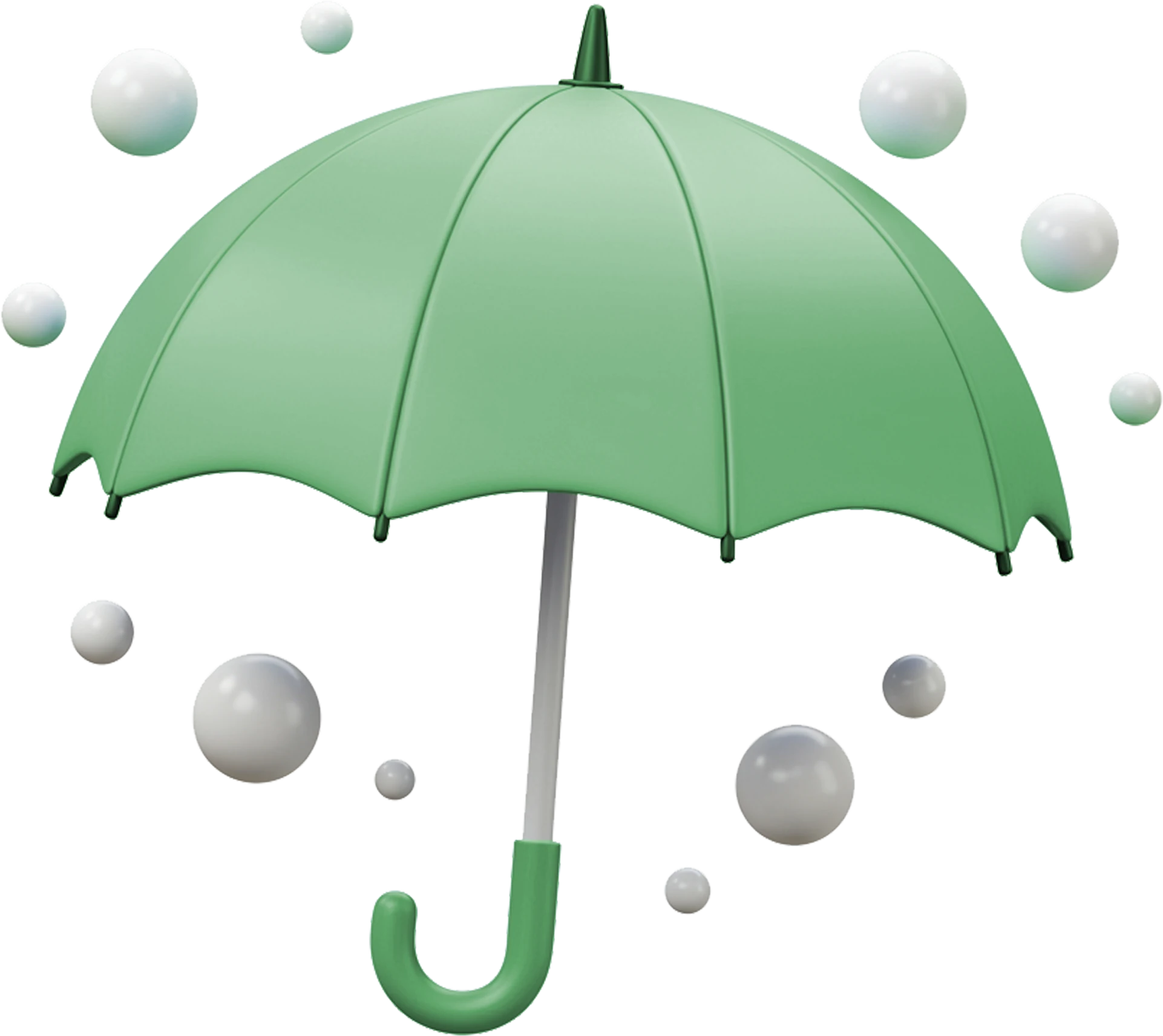 Ilustração 3D de um guarda-chuva verde com esferas ao redor